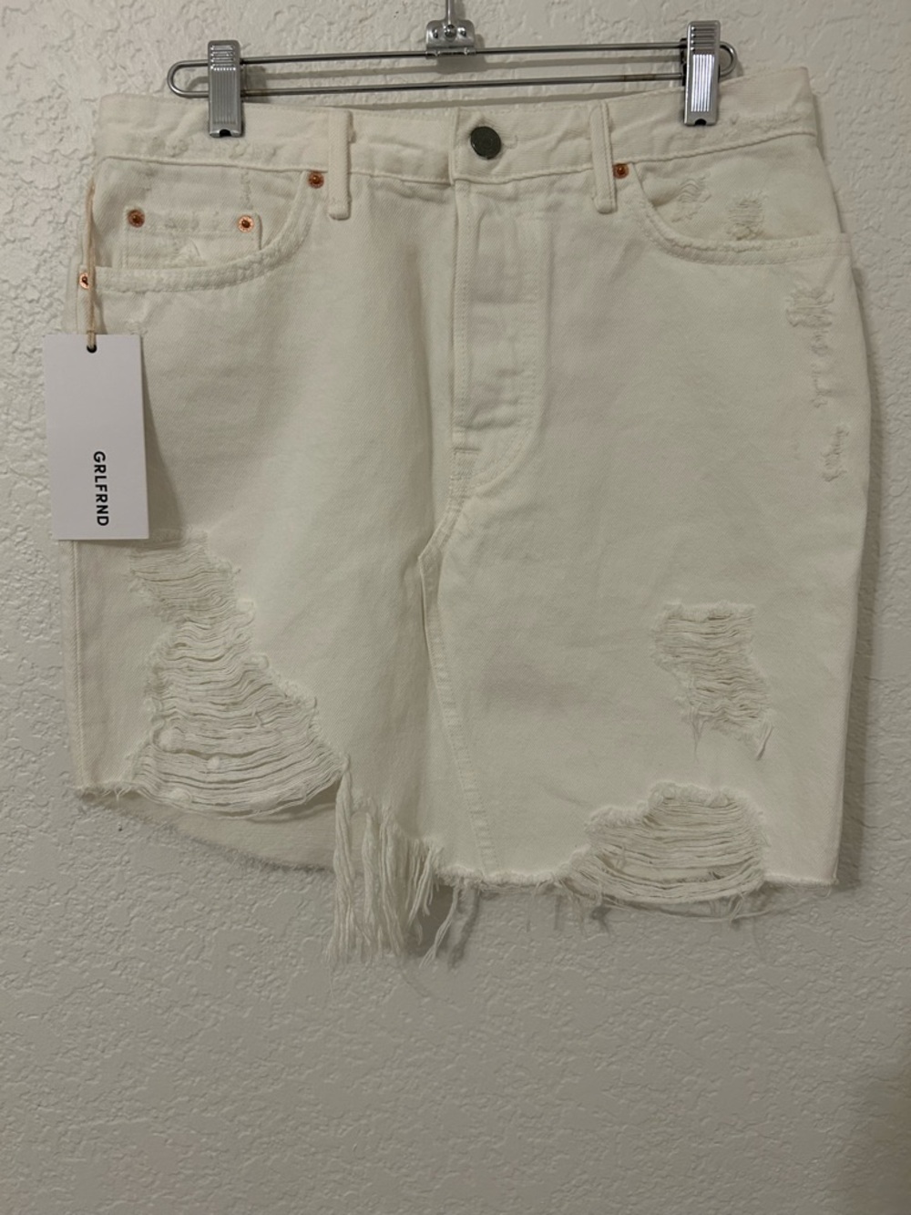 GRLFRND White Distressed Denim Skirt NWT Womens Size 29 High Rise Frayed Raw Hem
